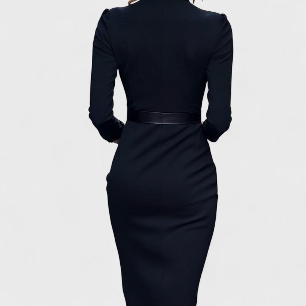 Hana - Elegantní černé šaty s páskem a límcem