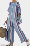 Lucie – elegantní top v pastelově mauve a pruhované lněné kalhoty